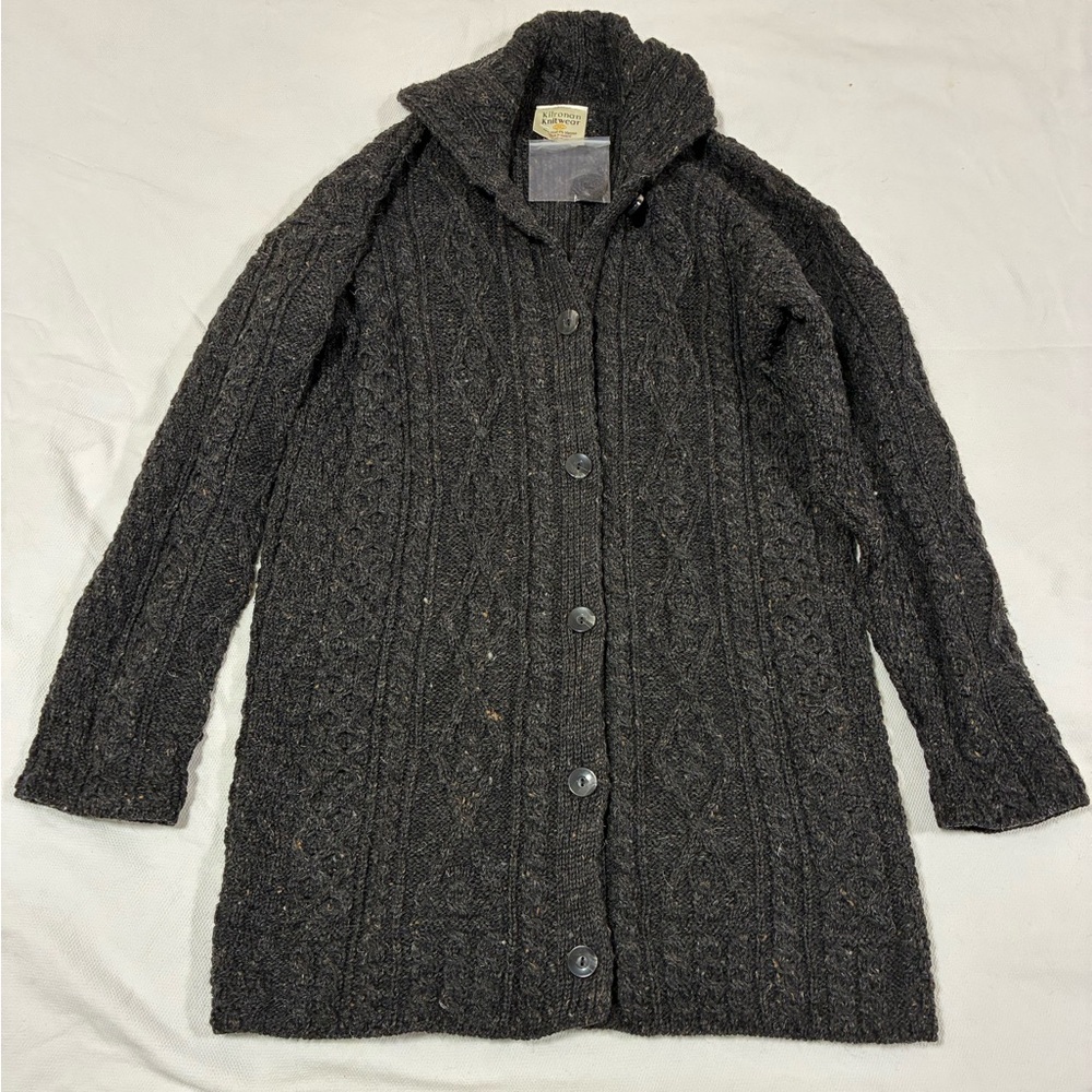 Kilronan Knitwear L Long Irish Aran Cable Knit Cardigan Coat 96% Wool Shawl